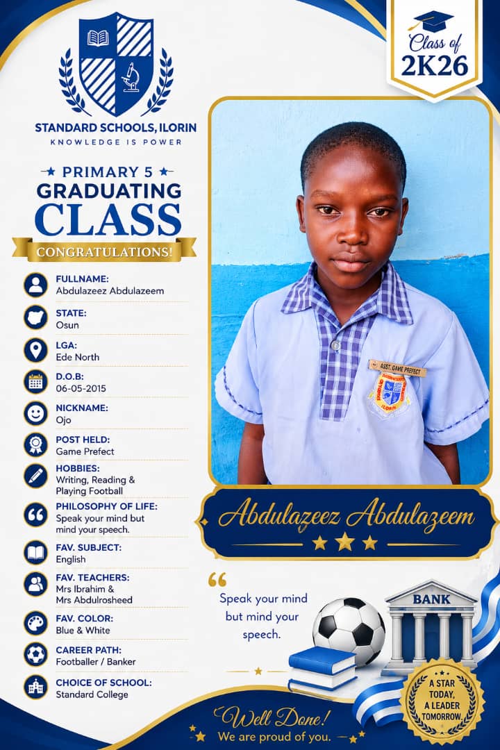 Graduation card for Abdulazeez Abdulazeem, Game Prefect