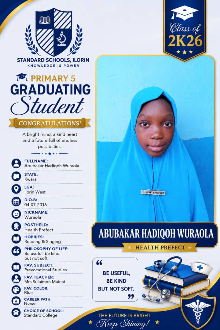 Graduation card for Abubakar Hadiqoh Wuraola, Health Prefect