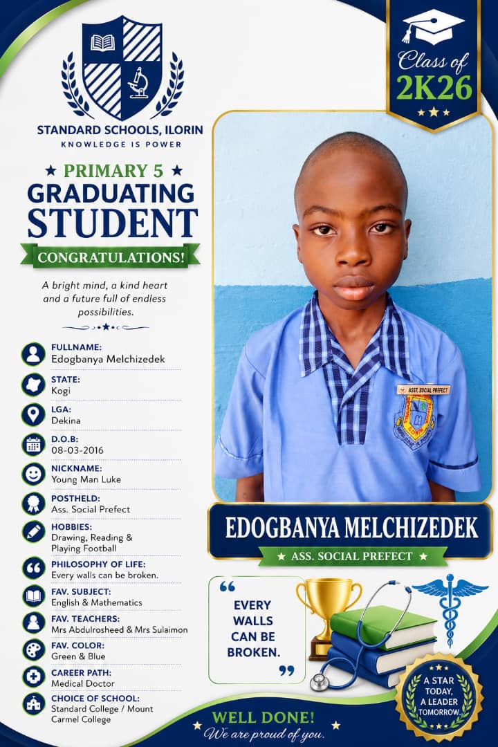 Graduation card for Edogbanya Melchizedek, Asst. Social Prefect