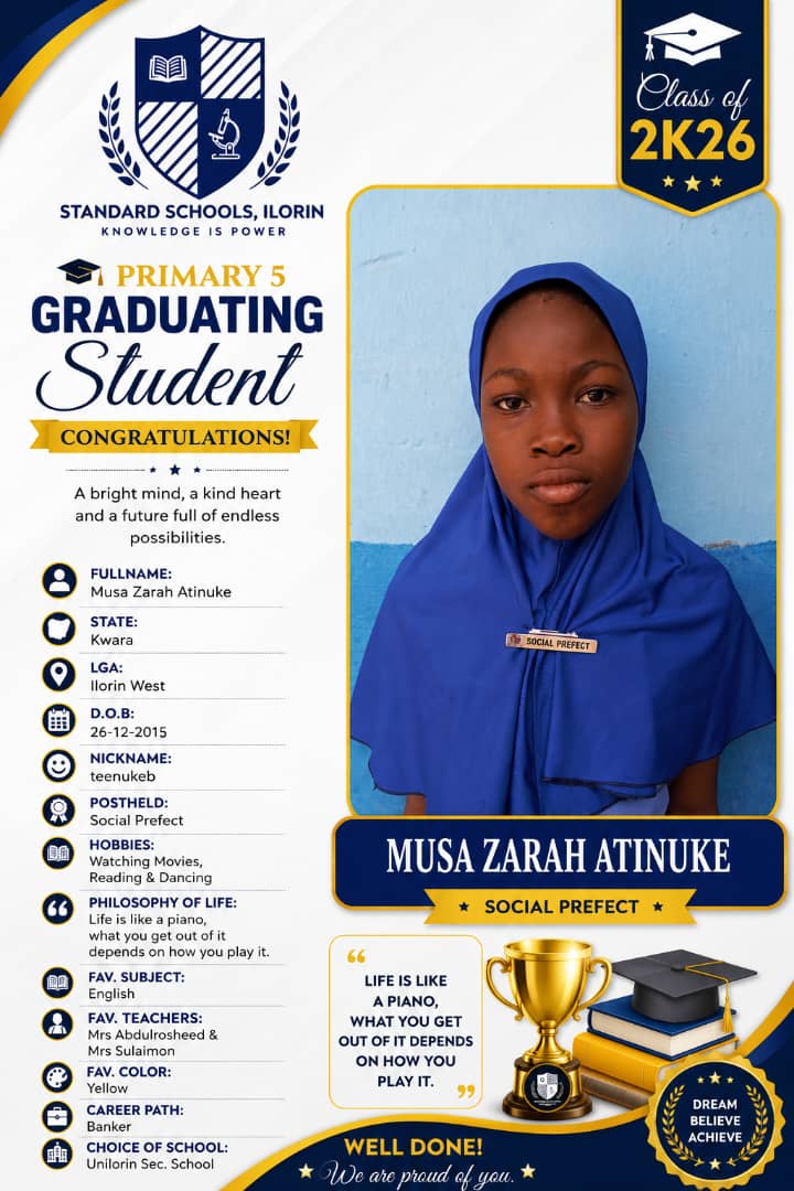 Graduation card for Musa Zarah Atinuke, Social Prefect