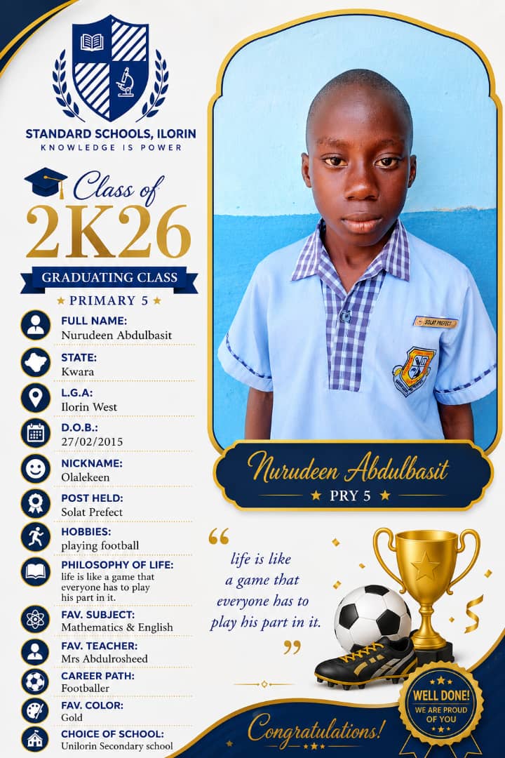 Graduation card for Nurudeen Abdulbasit, Solat Prefect
