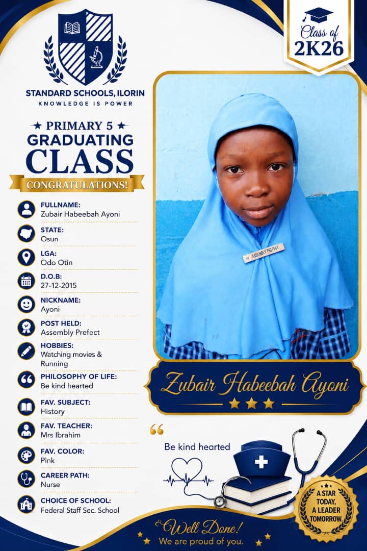 Graduation card for Zubair Habeebah Ayoni, Assembly Prefect